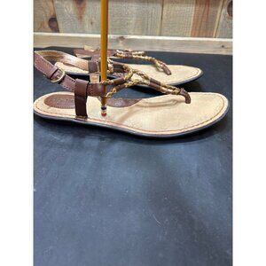 B.O.C. Womens Braided T-Strap Faux Leather Sandals Size 9M Brown & Gold